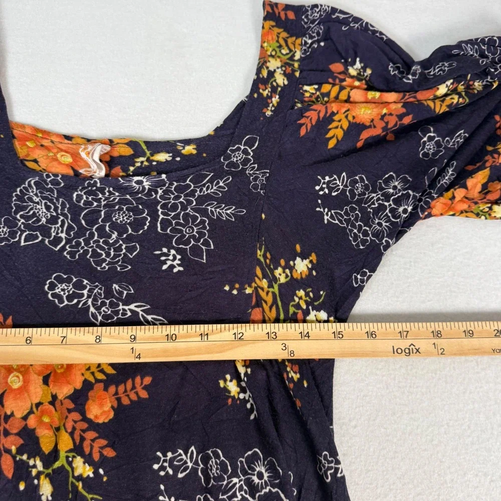 Maeve Anthropologie‎ Floral Midi Dress Womens Small Navy Blue Rayon Boho Flutter